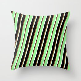 [ Thumbnail: Sienna, Green, White & Black Colored Lined Pattern Throw Pillow ]