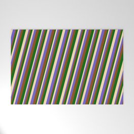 [ Thumbnail: Beige, Slate Blue, Brown, and Dark Green Colored Lines/Stripes Pattern Welcome Mat ]
