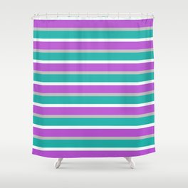 [ Thumbnail: Grey, Light Sea Green, Mint Cream, and Orchid Colored Lined Pattern Shower Curtain ]