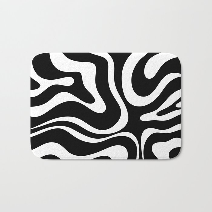 Modern Retro Liquid Swirl Abstract Pattern in Black and White Bath Mat