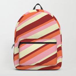 [ Thumbnail: Light Yellow, Brown, Coral & Light Pink Colored Stripes/Lines Pattern Backpack ]