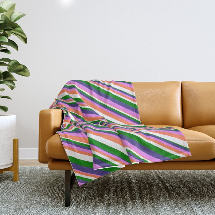 Dark Slate Blue, Violet, Coral, White, and Green Colored Lined/Striped Pattern Throw Blanket