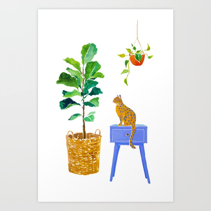 Fiddle Leaf Fig And Cat Art Print By Sunlee Art Society6