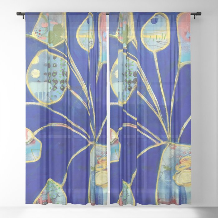 Bright Blue Flower Pot Sheer Curtain