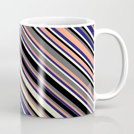 [ Thumbnail: Colorful Dim Grey, Light Salmon, Midnight Blue, Light Yellow & Black Colored Lines Pattern Coffee Mug ]