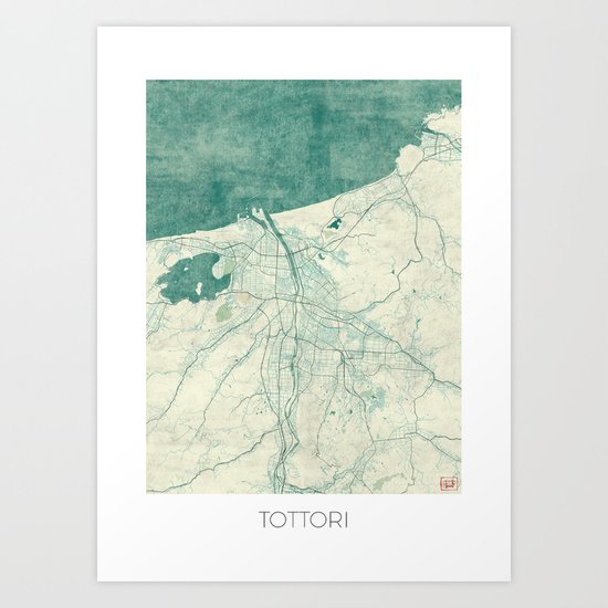 Tottori Map Blue Vintage Art Print