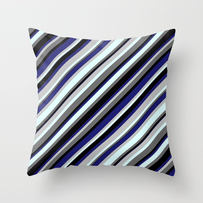 Vibrant Grey, Light Cyan, Dim Grey, Black, and Midnight Blue Colored Striped/Lined Pattern Throw Pillow