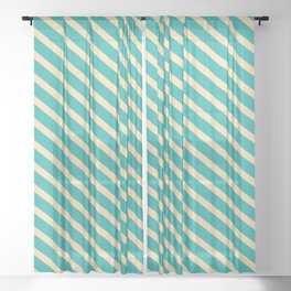 [ Thumbnail: Light Sea Green & Tan Colored Lined/Striped Pattern Sheer Curtain ]