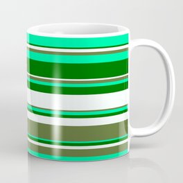 [ Thumbnail: Green, Dark Green, Mint Cream, and Dark Olive Green Colored Stripes/Lines Pattern Coffee Mug ]