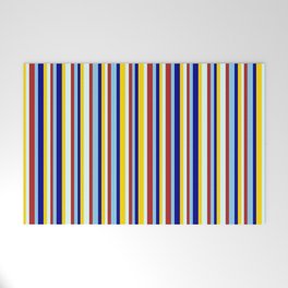 [ Thumbnail: Vibrant Red, Light Cyan, Yellow, Dark Blue, and Sky Blue Colored Lines Pattern Welcome Mat ]