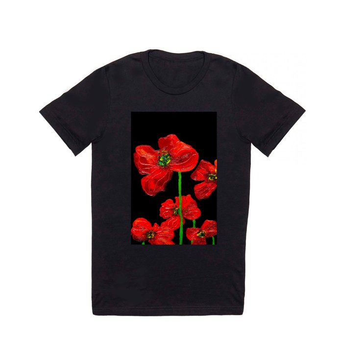 red flowers on black T Shirt