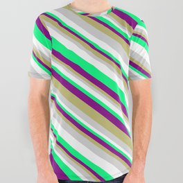 [ Thumbnail: Eye-catching Purple, Dark Khaki, Light Gray, White & Green Colored Lined Pattern All Over Graphic Tee ]