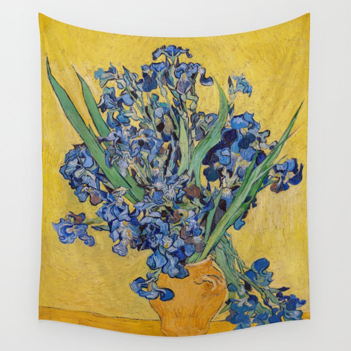 Vincent van Gogh - Vase with Irises, Yellow Background Wall Tapestry