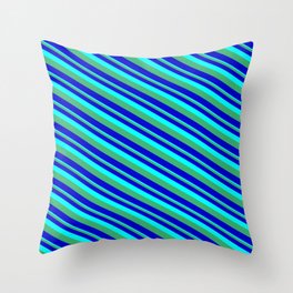 [ Thumbnail: Aqua, Sea Green & Blue Colored Striped/Lined Pattern Throw Pillow ]