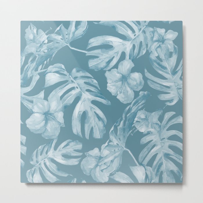 Tropical Escape Teal Blue Leaves + Hibiscus Metal Print