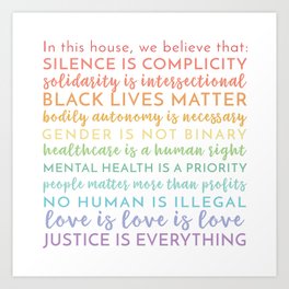 In this house we believe / Square Physical Print / Black Lives Matter / BLM / LGBTQIA Advocacy / Silence is Complicity Rainbow / Yard Sign Art Print