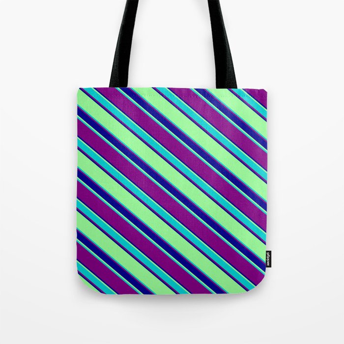 Green, Dark Turquoise, Purple, and Dark Blue Colored Striped Pattern Tote Bag