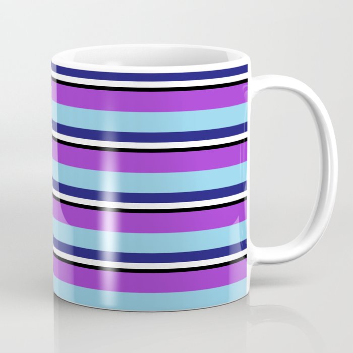 Vibrant Dark Orchid, Sky Blue, Midnight Blue, White & Black Colored Pattern of Stripes Coffee Mug