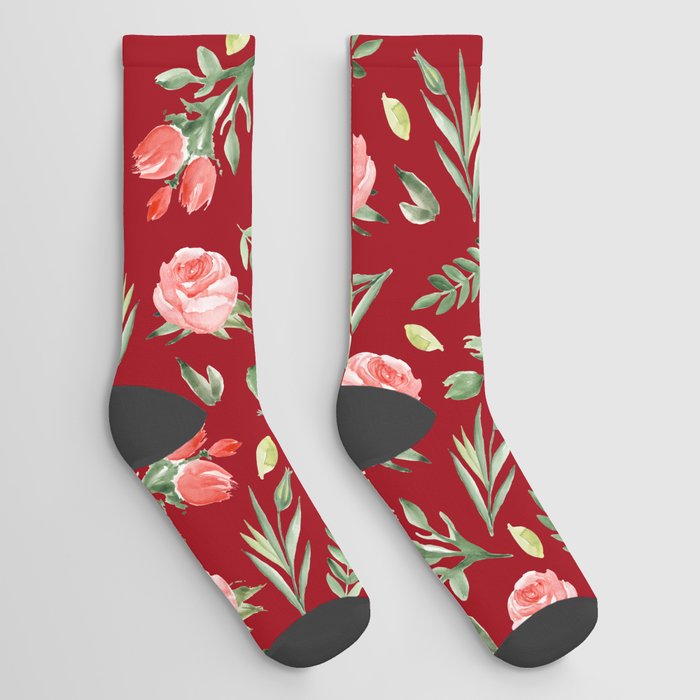 Watercolor Pink Roses on Christmas Red Socks