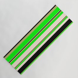 [ Thumbnail: Dark Khaki, Lime, Beige, and Black Colored Striped Pattern Yoga Mat ]
