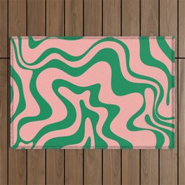 Liquid Swirl Retro Abstract Pattern in Pink and Bright Green Outdoor Rug