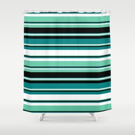 [ Thumbnail: Teal, White, Aquamarine & Black Colored Lined Pattern Shower Curtain ]