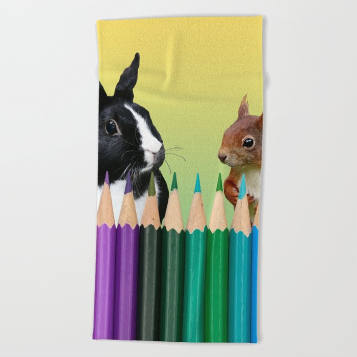 Colored Pencils - Squirrel & black and white Bunny - Rabbit Beach Towel