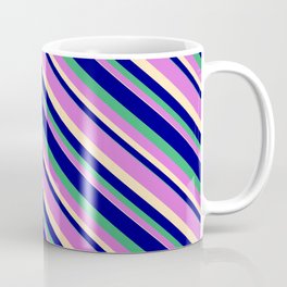 [ Thumbnail: Blue, Sea Green, Orchid, and Beige Colored Striped/Lined Pattern Coffee Mug ]
