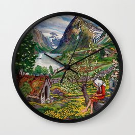 Alpine Lake Landscape, 'Girl, Springtime & Marigolds' by Nikolai Astrup Wall Clock