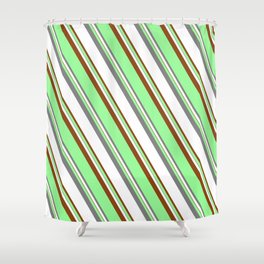 [ Thumbnail: Green, Grey, White, and Brown Colored Lined/Striped Pattern Shower Curtain ]