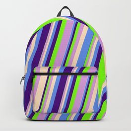 [ Thumbnail: Vibrant Bisque, Cornflower Blue, Indigo, Chartreuse & Plum Colored Lines Pattern Backpack ]