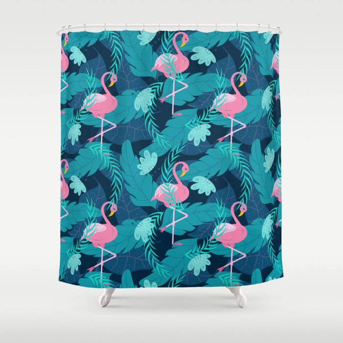 Seamless summer pattern with pink flamingo and tropical leaves Shower Curtain