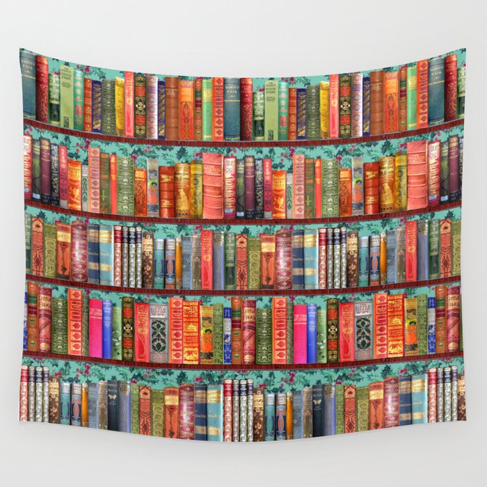 Vintage Books Christmas Bookshelf Holly Wallpaper Holidays Holly Bookworm Bibliophile Wall Tapestry By