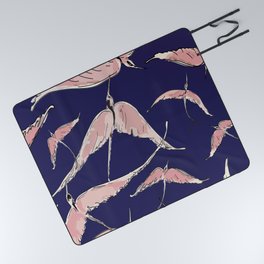 Flamingos in Flight on Navy Picnic Blanket