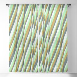 [ Thumbnail: Green, Dark Goldenrod, Dark Slate Gray & Mint Cream Colored Lines/Stripes Pattern Sheer Curtain ]