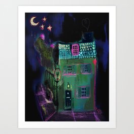 Midnight Hour Art Print | Green, Night, Blue, Moon, Stars, House, Home, Streetlight, Cats, Digital 