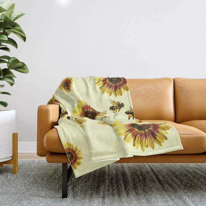Yellow Sunflowers and Honey Bees Summer Pattern Throw Blanket