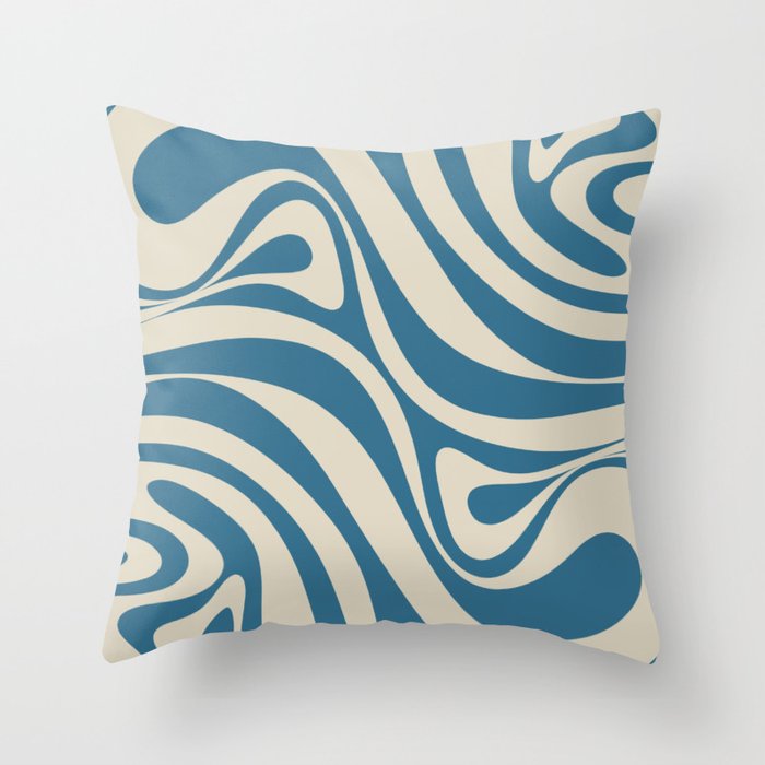 New Groove Retro Swirl Abstract Pattern in Boho Blue and Beige Throw Pillow
