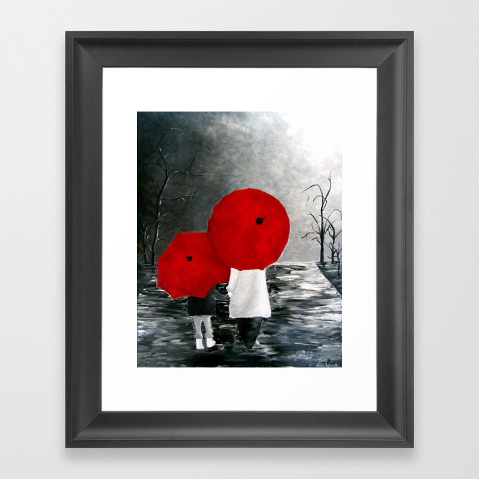 Black White Red Mother And Child With Umbrella Print Of Painting