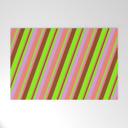 [ Thumbnail: Brown, Chartreuse, Plum & Salmon Colored Stripes Pattern Welcome Mat ]