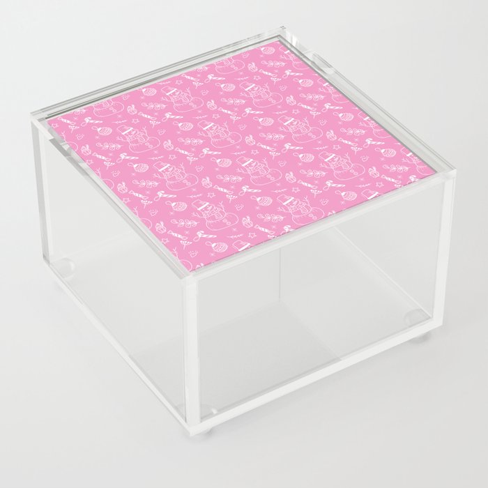 Pink and White Christmas Snowman Doodle Pattern Acrylic Box