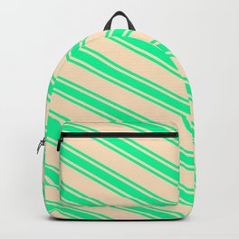 [ Thumbnail: Bisque & Green Colored Lines Pattern Backpack ]
