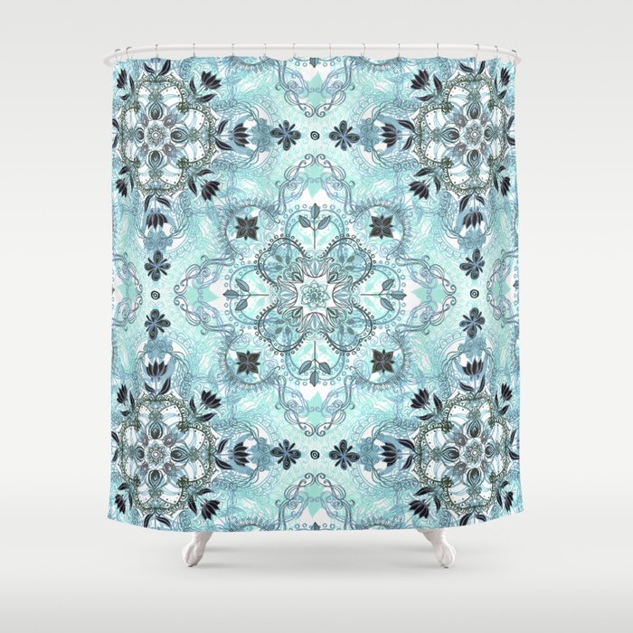 Soft Mint & Teal Detailed Lace Doodle Pattern Shower Curtain