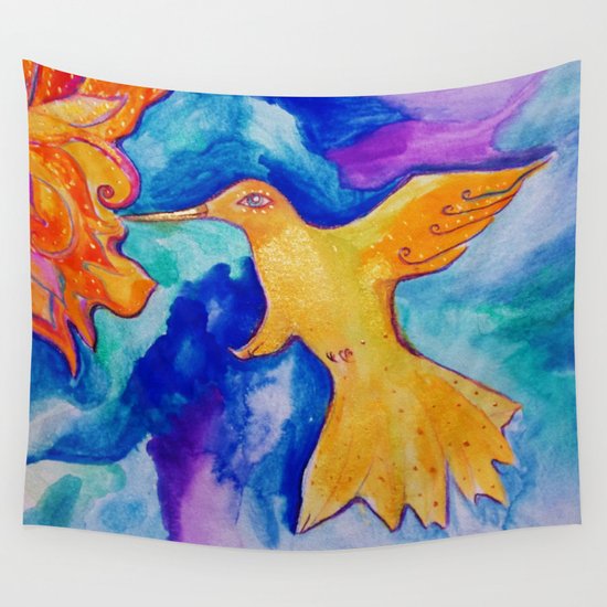 Watercolor Sun Bird Modern Fine Art Painting by Garden Of Delights Wall Tapestry