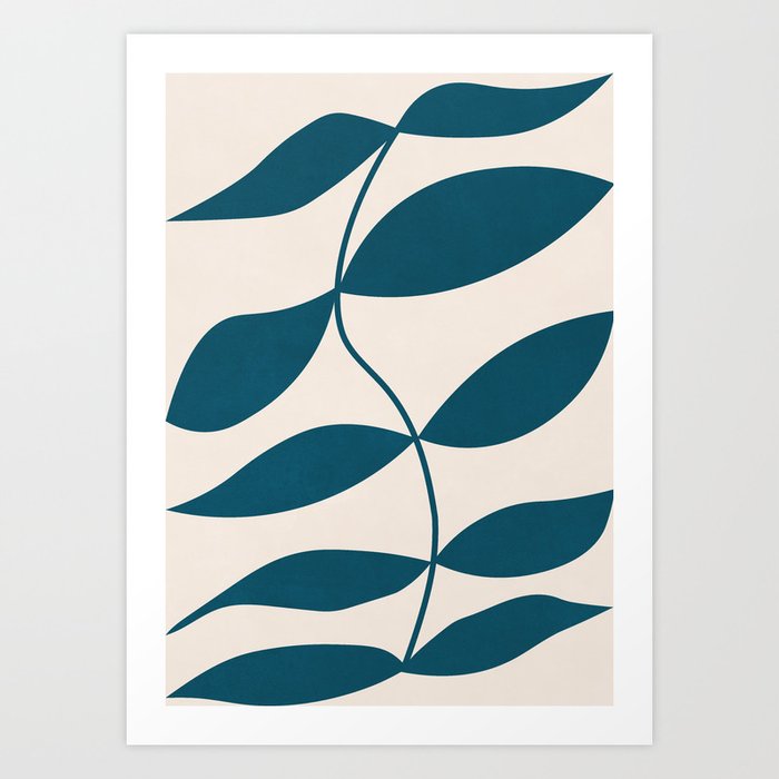 Mid Century Modern Leaves, Blue Art Print