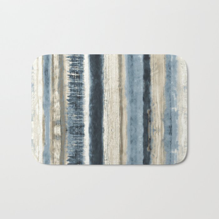 Distressed Blue and White Watercolor Stripe Bath Mat