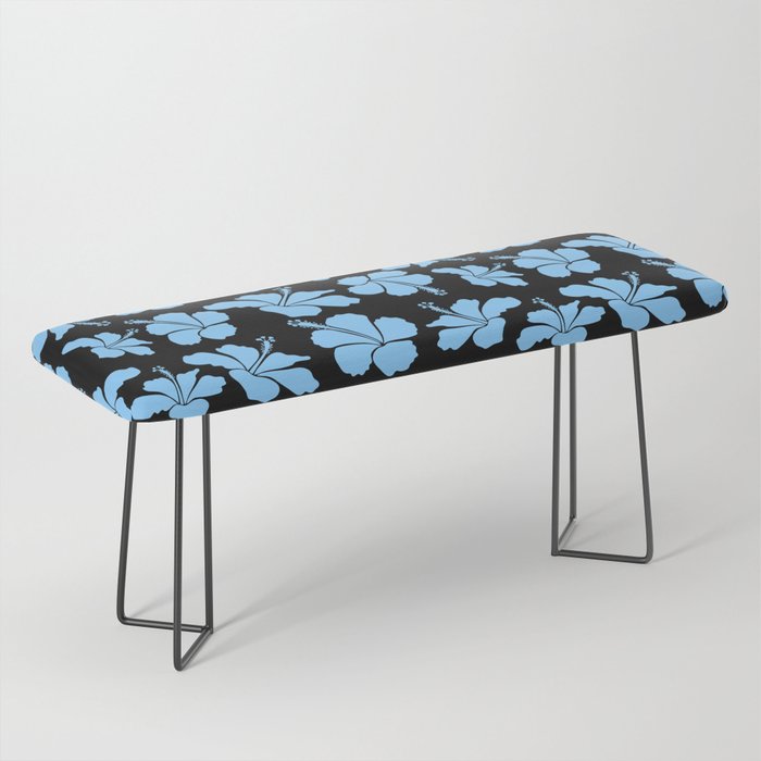 Bright hawaiian seamless pattern with tropical hibiscus flowers on black background in blue colors. Bench