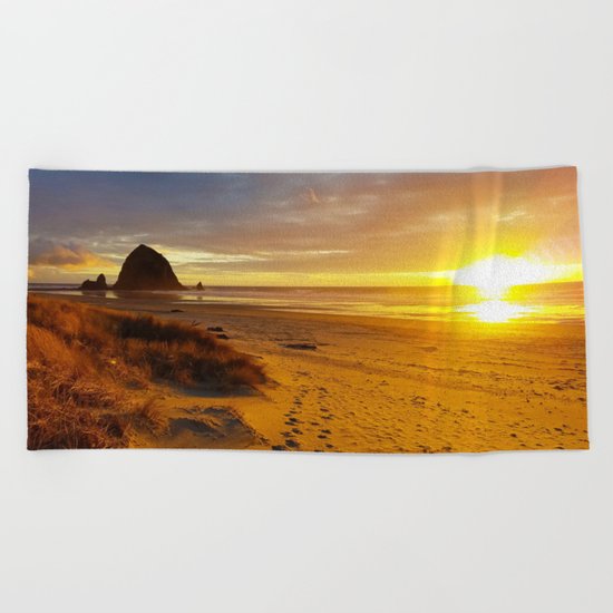 Cannon Beach Oregon at Sunset Haystack Rock Beach Towel