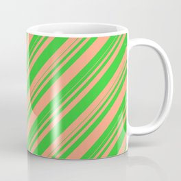 [ Thumbnail: Lime Green & Light Salmon Colored Striped/Lined Pattern Coffee Mug ]