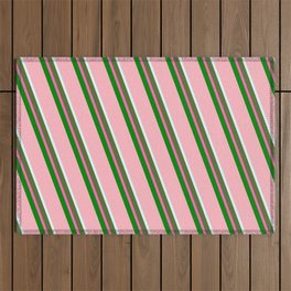 [ Thumbnail: Eyecatching Light Pink, Light Cyan, Dark Olive Green, Hot Pink & Green Colored Striped Pattern Outdoor Rug ]